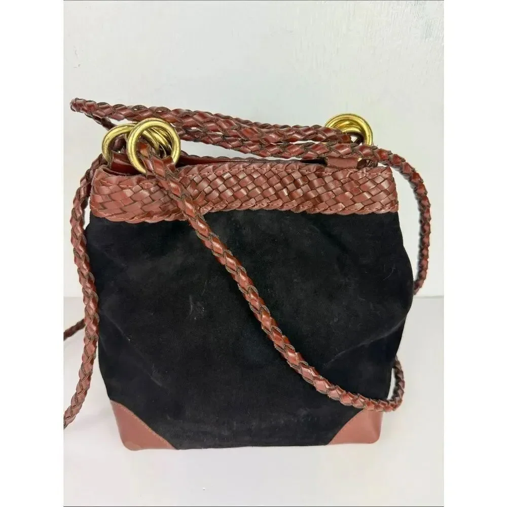 LJS Collection Black Suede Brown Leather Braided Shoulder Bag Vintage